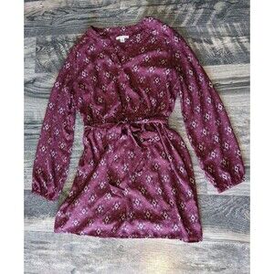 Miami Anthropologie Diamond Maroon Long Sleeve Patterned Belted Dress Medium